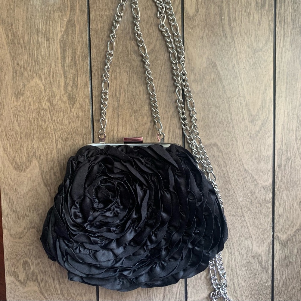 White House Black Market Black Flower Motif Evening Bag Crossbody Purse